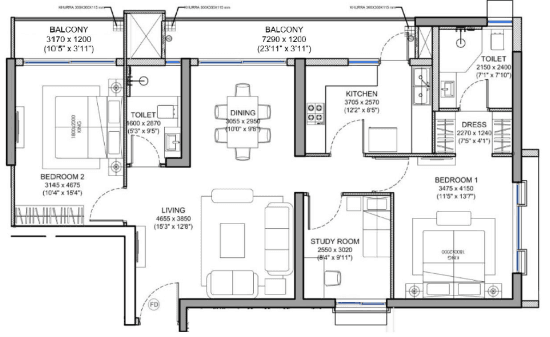 2 BHK floor plan