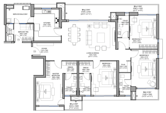 4 BHK + Servant floor plan